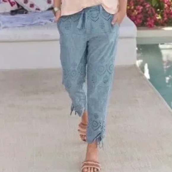 Sundance Pants - Sundance Womens Everyday Eyelet Pants Seafoam Tie Waist Cinch Hem BOHO — Size 6